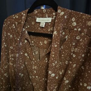 Monteau Los Angeles Brown Floral Peplum Blouse Smocked Waist Size XL